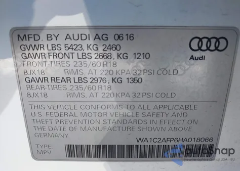2017 Audi Q5 2.0T Premium from USA, damaged, VIN WA1C2AFP6HA018066